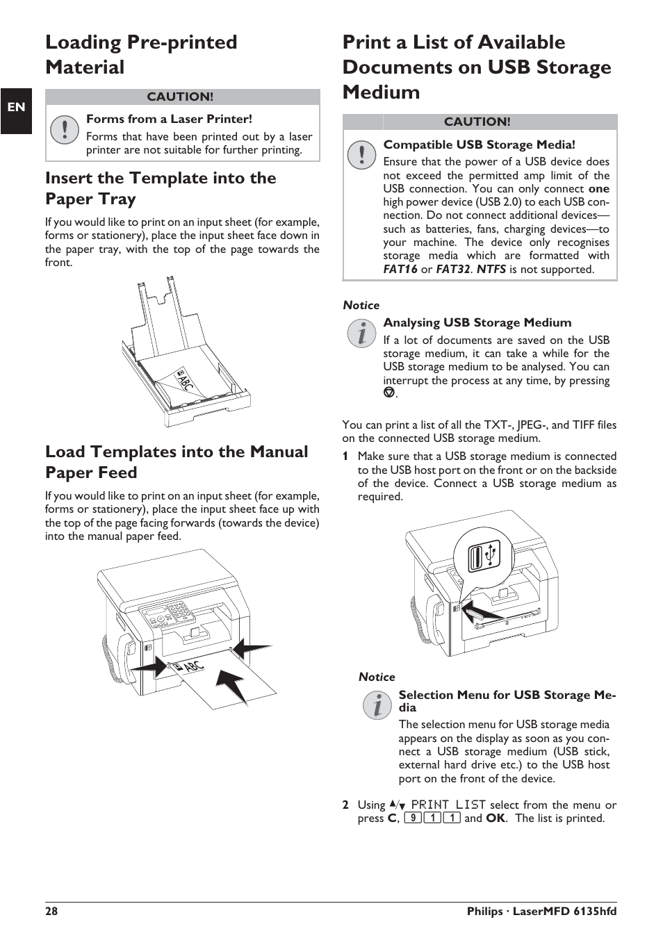 Loading pre-printed material, Insert the template into the paper tray, Load templates into the manual paper feed | Philips SFF 6135D User Manual | Page 28 / 88