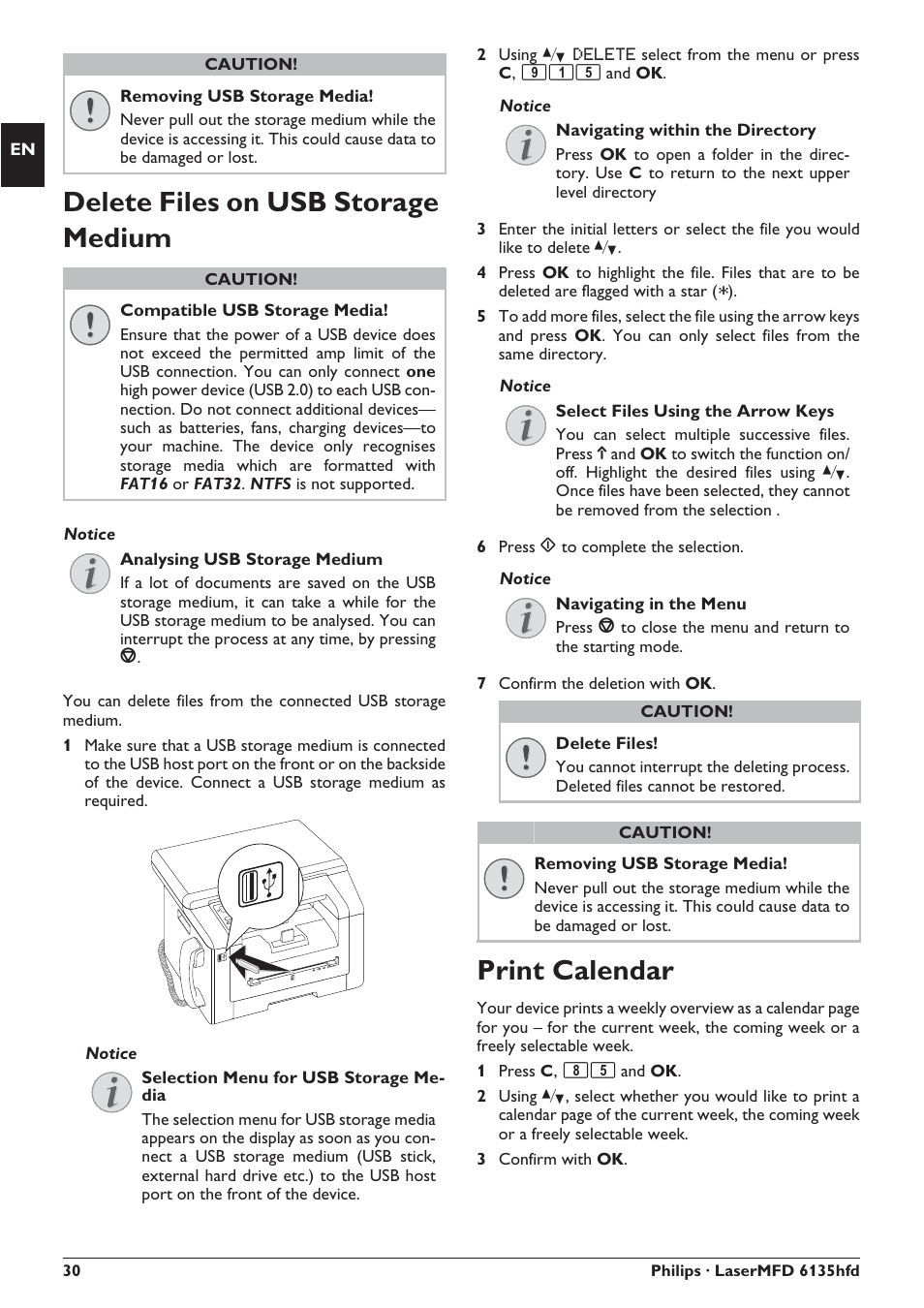 Delete files on usb storage medium, Print calendar | Philips SFF 6135D User Manual | Page 30 / 88