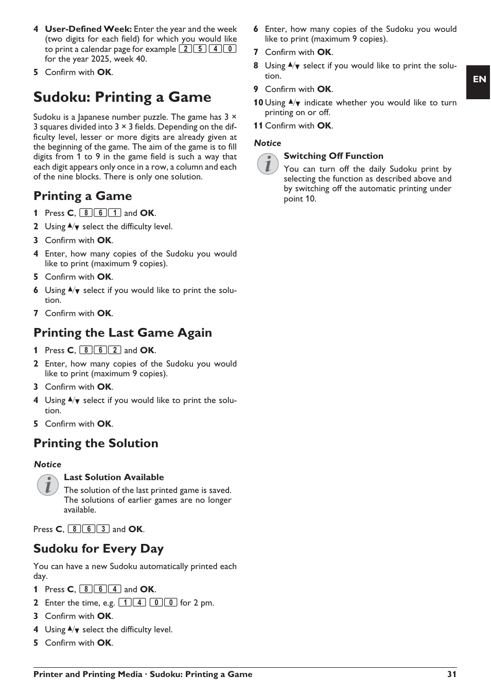 Sudoku: printing a game, Printing a game, Printing the last game again | Printing the solution, Sudoku for every day | Philips SFF 6135D User Manual | Page 31 / 88