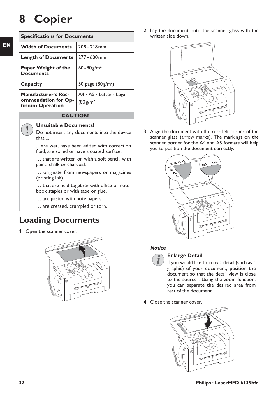 8 copier, Loading documents | Philips SFF 6135D User Manual | Page 32 / 88