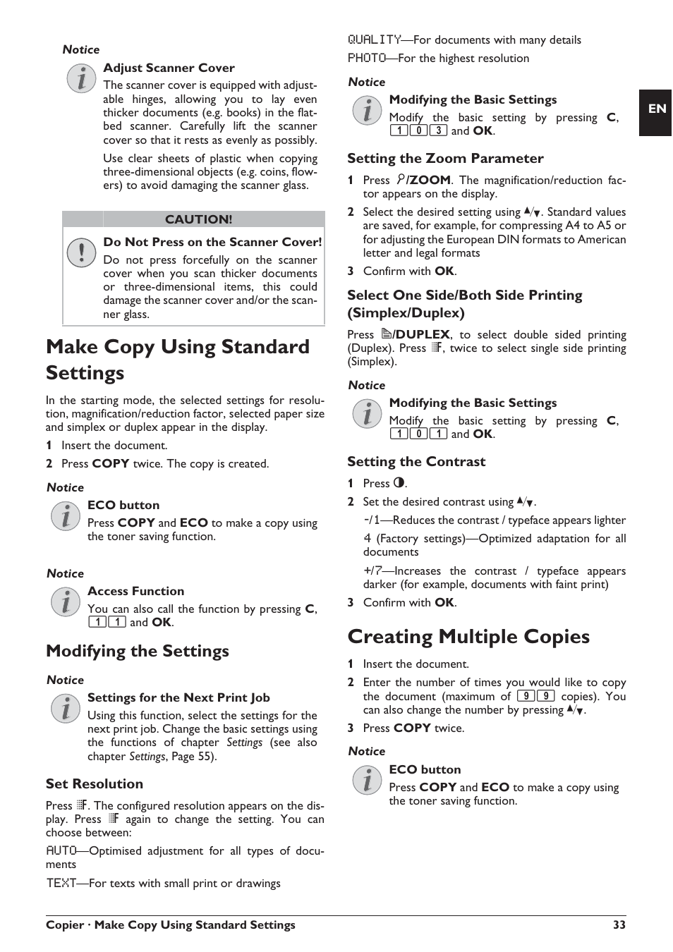 Make copy using standard settings, Creating multiple copies, Modifying the settings | Philips SFF 6135D User Manual | Page 33 / 88