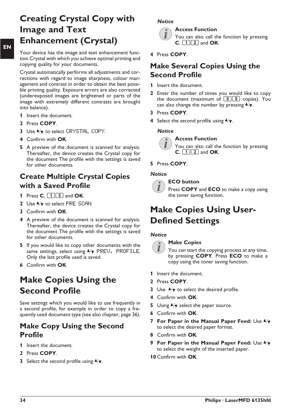 Make copies using the second profile, Make copies using user- defined settings, Make copy using the second profile | Make several copies using the second profile | Philips SFF 6135D User Manual | Page 34 / 88