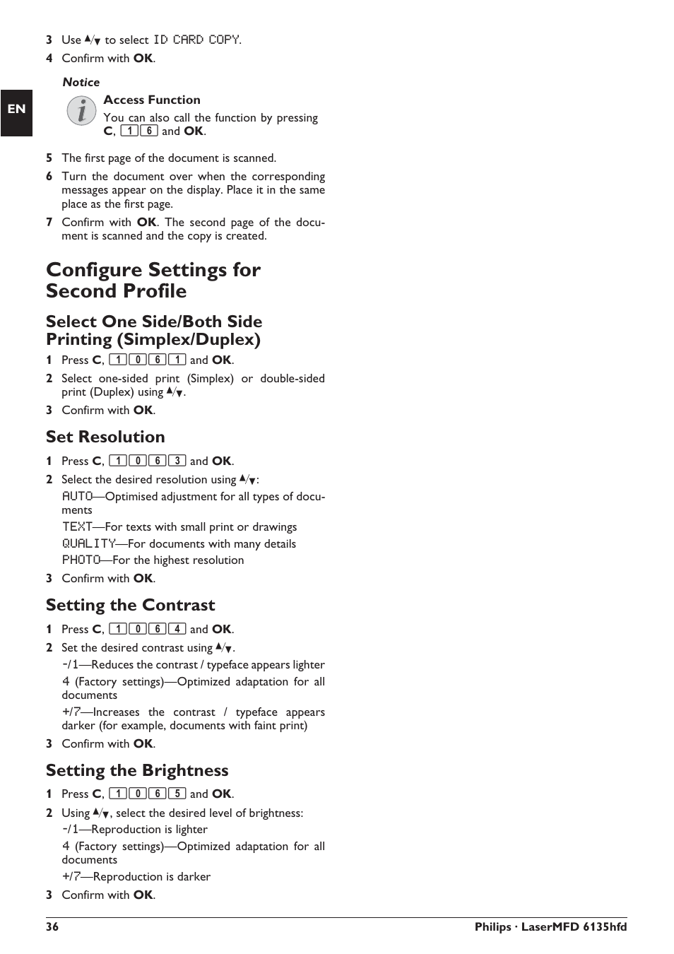 Configure settings for second profile, Set resolution, Setting the contrast | Setting the brightness | Philips SFF 6135D User Manual | Page 36 / 88