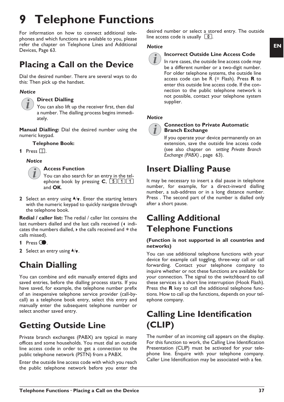 9 telephone functions, Placing a call on the device, Chain dialling | Getting outside line, Insert dialling pause, Calling additional telephone functions, Calling line identification (clip) | Philips SFF 6135D User Manual | Page 37 / 88