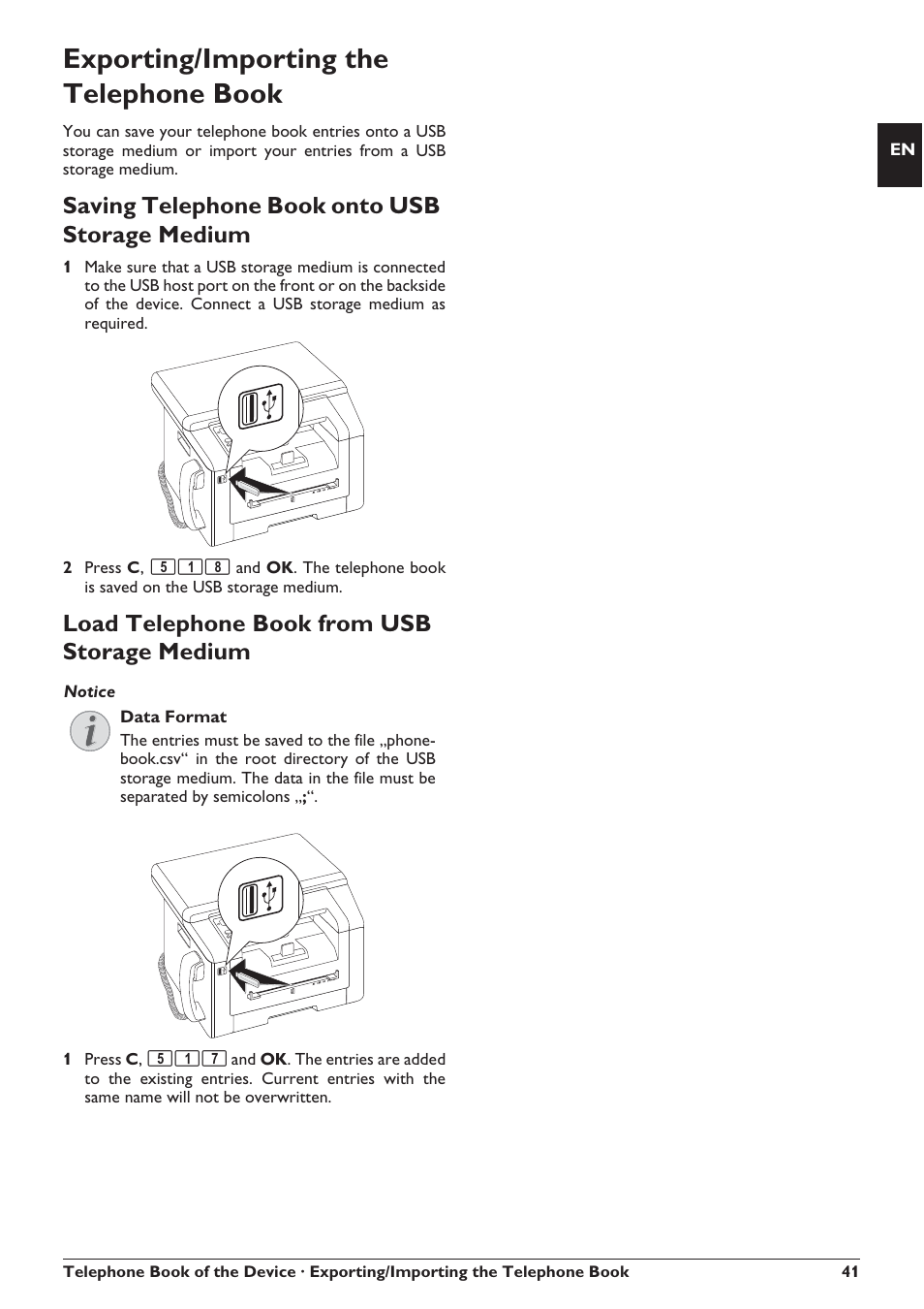 Exporting/importing the telephone book, Saving telephone book onto usb storage medium, Load telephone book from usb storage medium | Philips SFF 6135D User Manual | Page 41 / 88