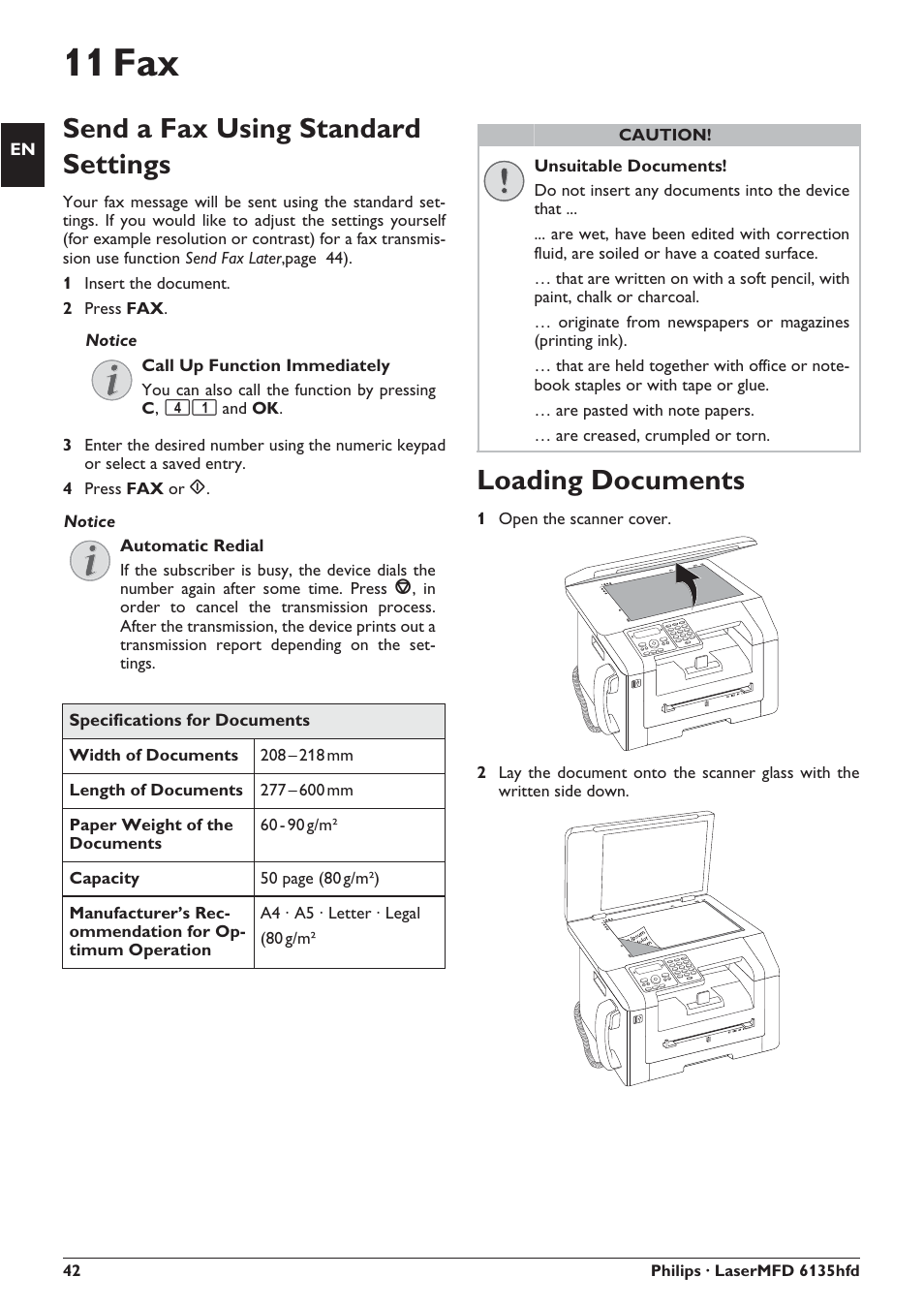 11 fax, Send a fax using standard settings, Loading documents | Philips SFF 6135D User Manual | Page 42 / 88