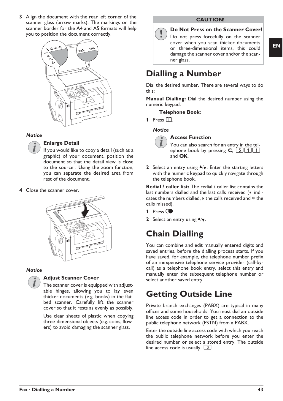 Dialling a number, Chain dialling, Getting outside line | Philips SFF 6135D User Manual | Page 43 / 88