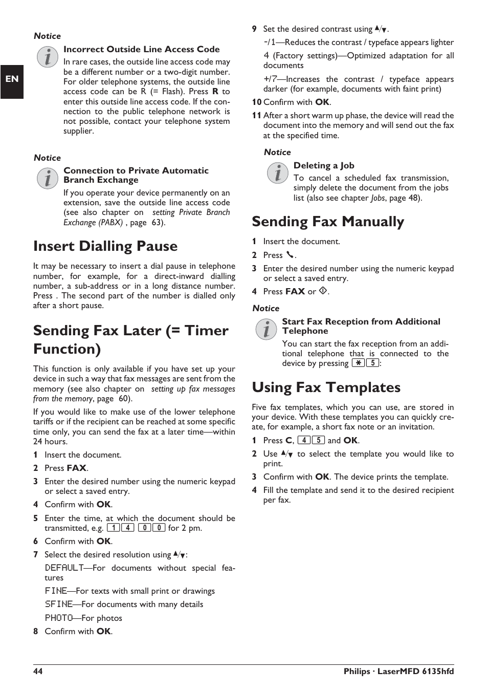 Insert dialling pause, Sending fax later (= timer function), Sending fax manually | Using fax templates | Philips SFF 6135D User Manual | Page 44 / 88