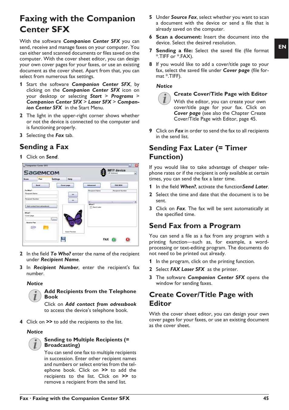 Faxing with the companion center sfx, Sending a fax, Sending fax later (= timer function) | Send fax from a program, Create cover/title page with editor, Notice add recipients from the telephone book, Notice create cover/title page with editor | Philips SFF 6135D User Manual | Page 45 / 88