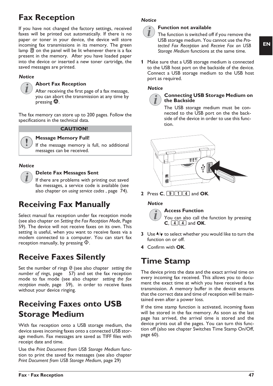 Fax reception, Receiving fax manually, Receive faxes silently | Receiving faxes onto usb storage medium, Time stamp | Philips SFF 6135D User Manual | Page 47 / 88