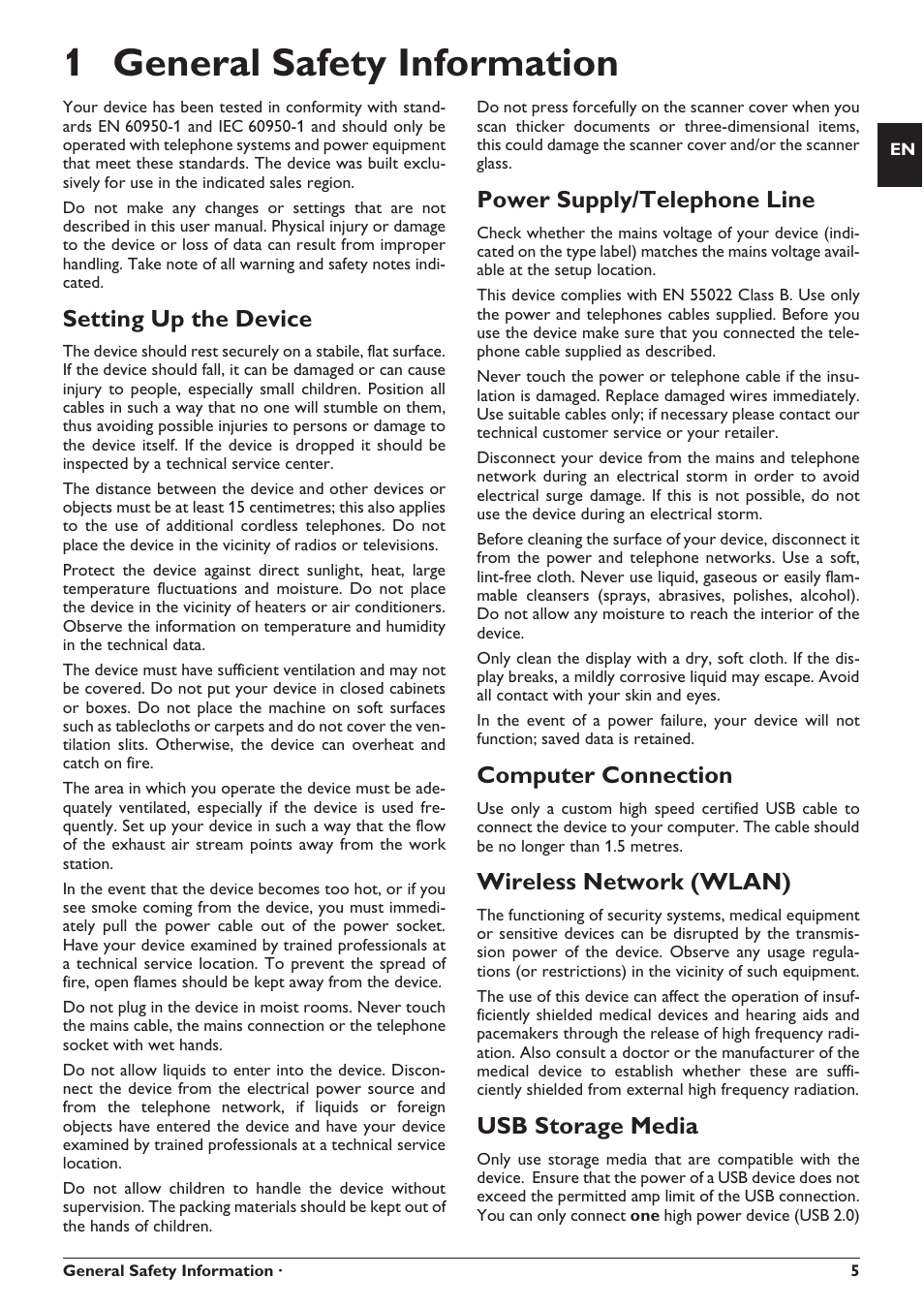 1 general safety information, Setting up the device, Power supply/telephone line | Computer connection, Wireless network (wlan), Usb storage media, General safety information · 5 | Philips SFF 6135D User Manual | Page 5 / 88