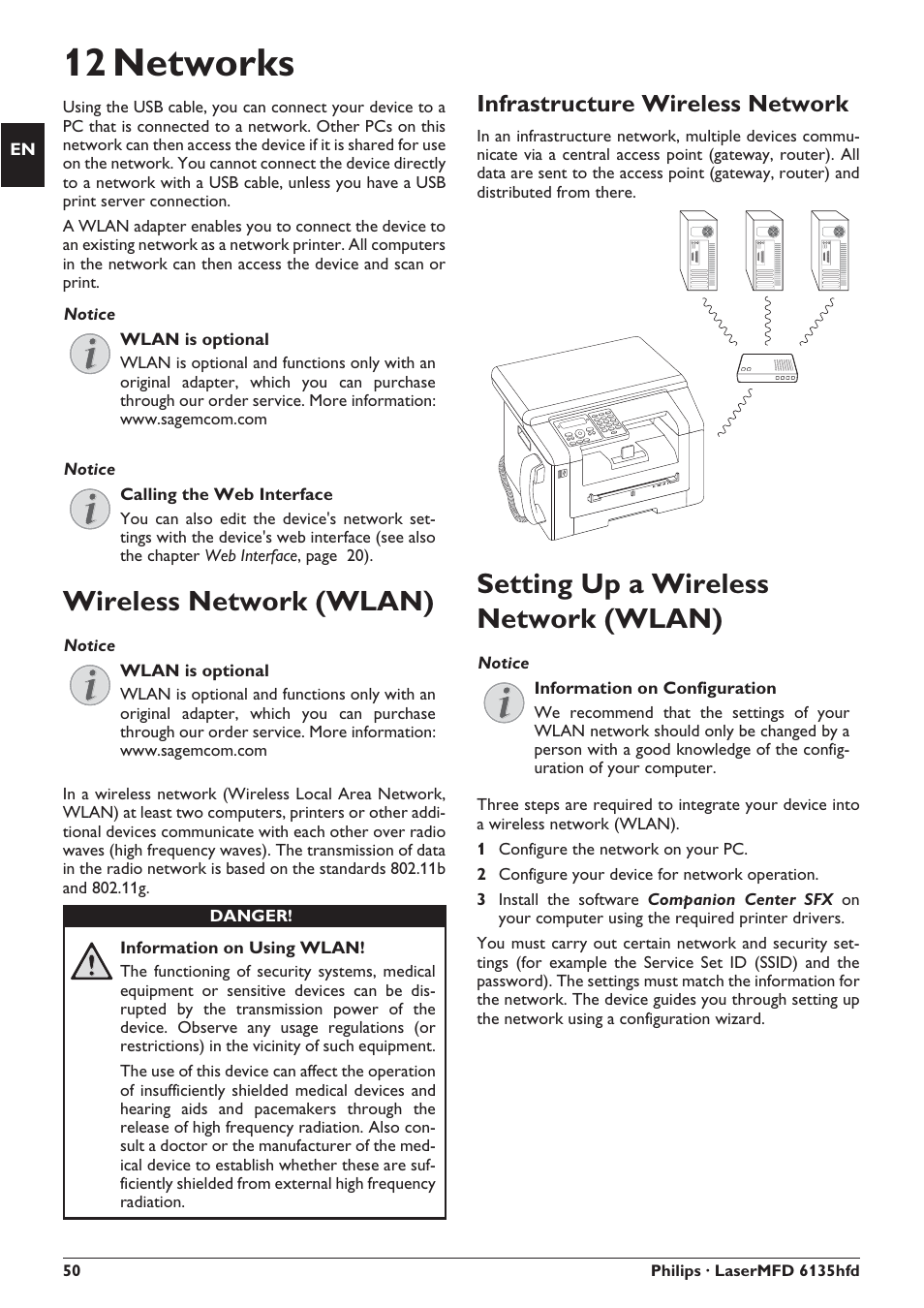 12 networks, Wireless network (wlan), Setting up a wireless network (wlan) | Infrastructure wireless network | Philips SFF 6135D User Manual | Page 50 / 88