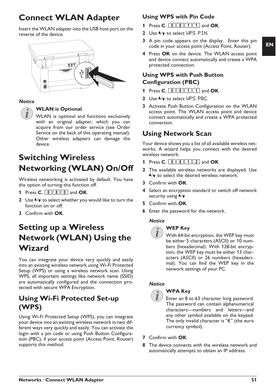 Connect wlan adapter, Switching wireless networking (wlan) on/off, Using wi-fi protected set-up (wps) | Using network scan | Philips SFF 6135D User Manual | Page 51 / 88
