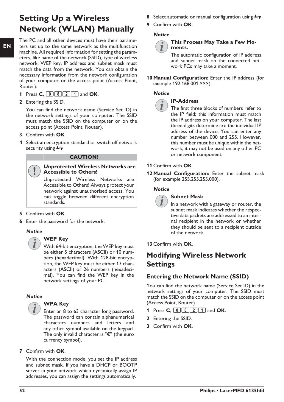 Setting up a wireless network (wlan) manually, Modifying wireless network settings | Philips SFF 6135D User Manual | Page 52 / 88