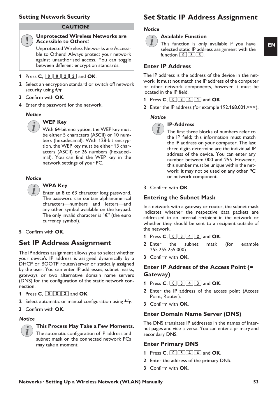 Set ip address assignment, Set static ip address assignment, Setting network security | Enter ip address, Entering the subnet mask, Enter ip address of the access point (= gateway), Enter domain name server (dns), Enter primary dns | Philips SFF 6135D User Manual | Page 53 / 88