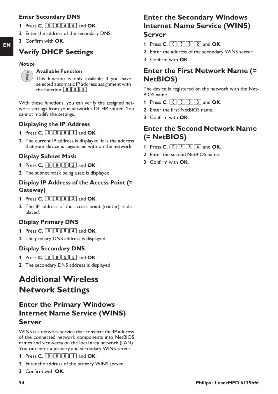 Additional wireless network settings, Verify dhcp settings, Enter the first network name (= netbios) | Enter the second network name (= netbios) | Philips SFF 6135D User Manual | Page 54 / 88