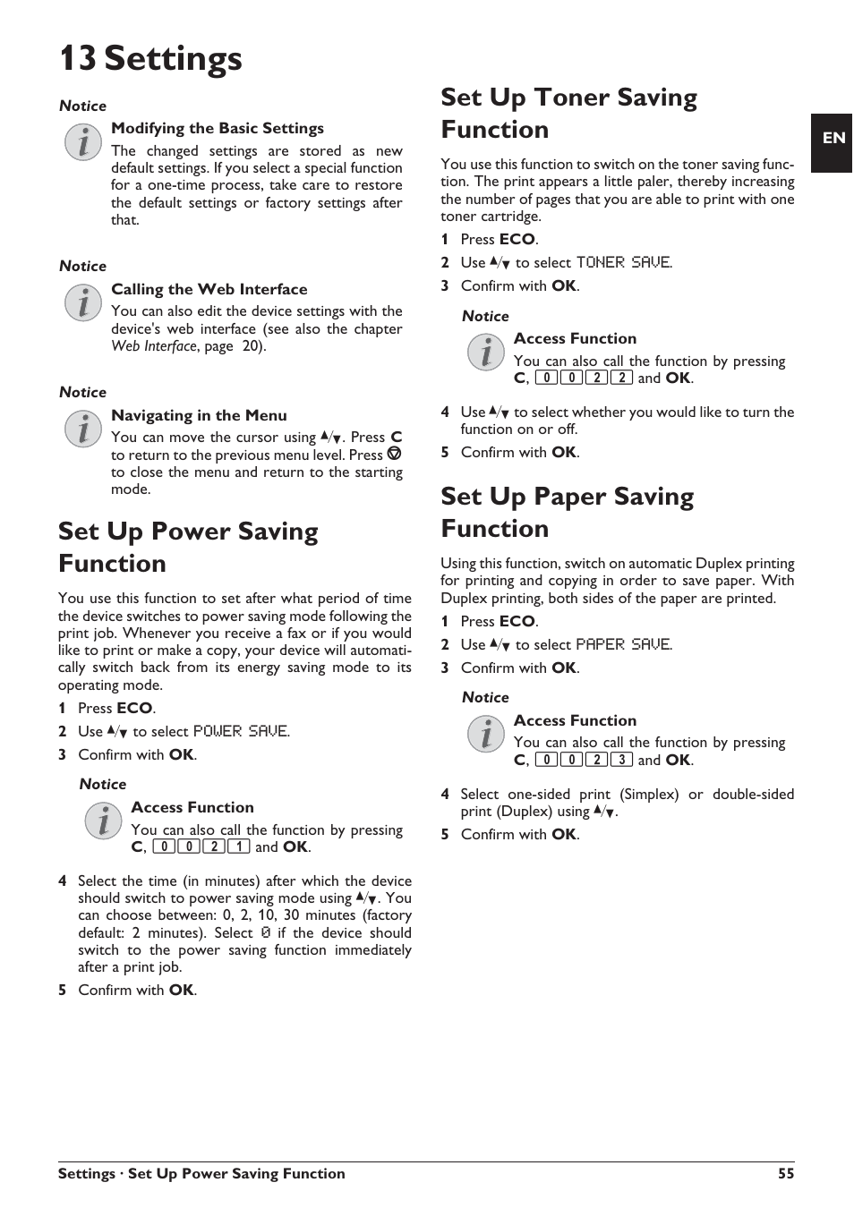 13 settings, Set up power saving function, Set up toner saving function | Set up paper saving function | Philips SFF 6135D User Manual | Page 55 / 88