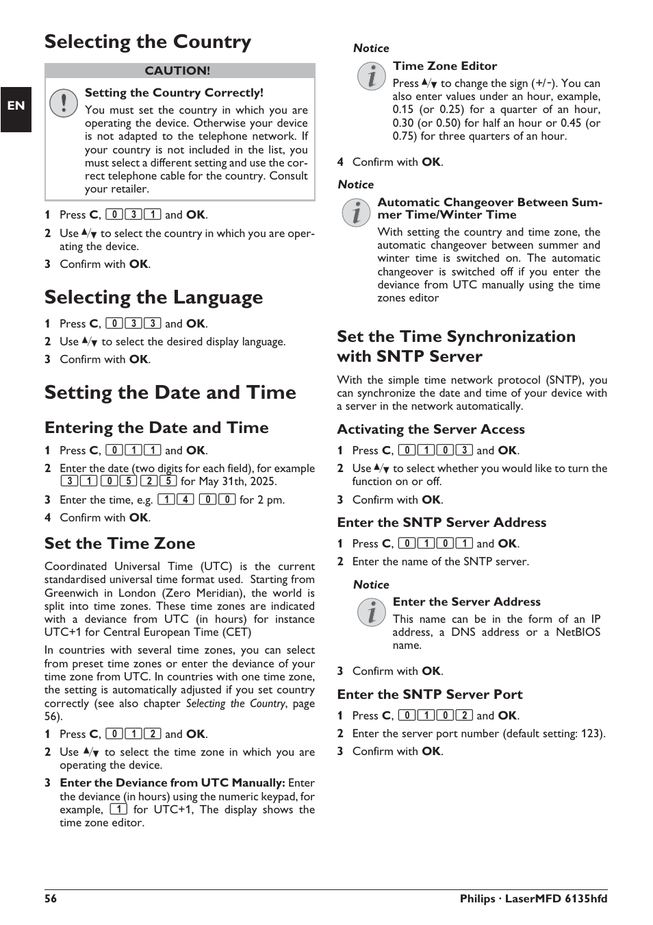 Selecting the country, Selecting the language, Setting the date and time | Entering the date and time, Set the time zone, Set the time synchronization with sntp server | Philips SFF 6135D User Manual | Page 56 / 88