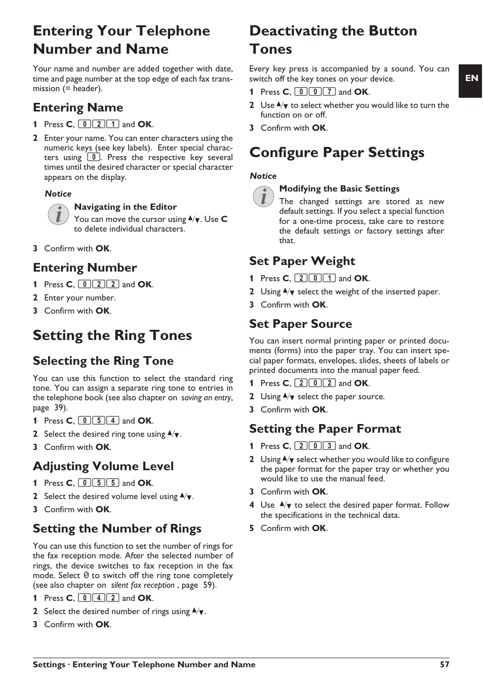 Entering your telephone number and name, Setting the ring tones, Deactivating the button tones | Configure paper settings, Entering name, Entering number, Selecting the ring tone, Adjusting volume level, Setting the number of rings, Set paper weight | Philips SFF 6135D User Manual | Page 57 / 88