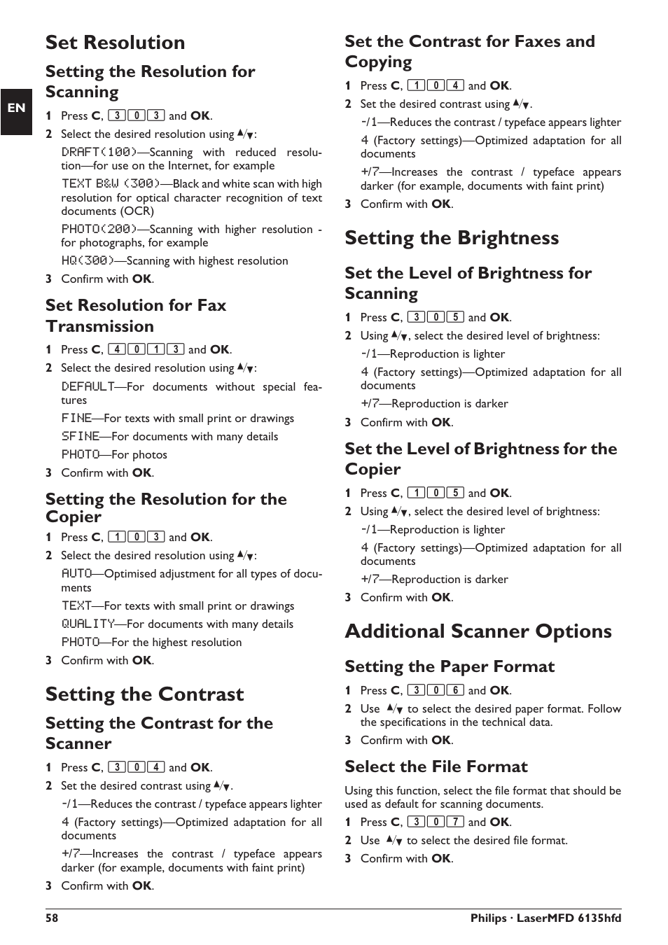 Set resolution, Setting the contrast, Setting the brightness | Additional scanner options, Setting the resolution for scanning, Set resolution for fax transmission, Setting the resolution for the copier, Setting the contrast for the scanner, Set the contrast for faxes and copying, Set the level of brightness for scanning | Philips SFF 6135D User Manual | Page 58 / 88