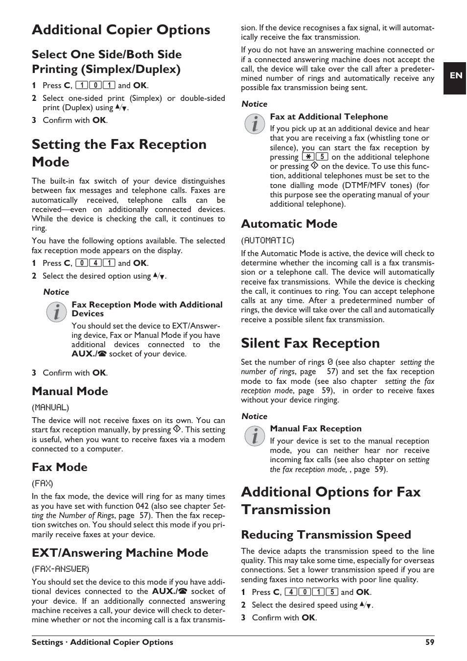 Additional copier options, Setting the fax reception mode, Silent fax reception | Additional options for fax transmission, Manual mode, Fax mode, Ext/answering machine mode, Automatic mode, Reducing transmission speed | Philips SFF 6135D User Manual | Page 59 / 88