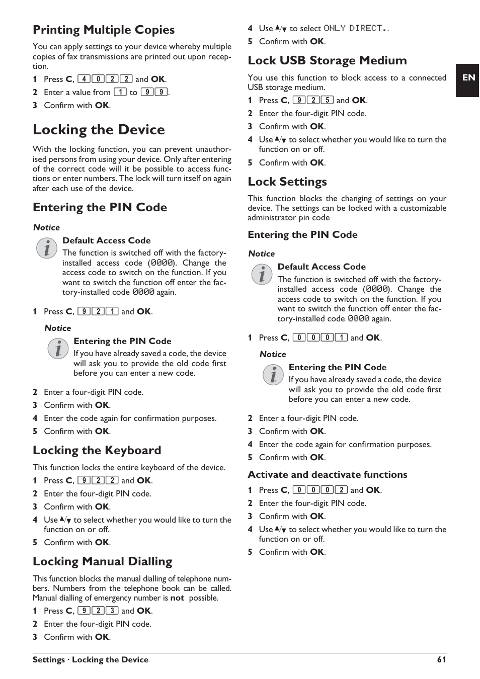 Locking the device, Printing multiple copies, Entering the pin code | Locking the keyboard, Locking manual dialling, Lock usb storage medium, Lock settings | Philips SFF 6135D User Manual | Page 61 / 88