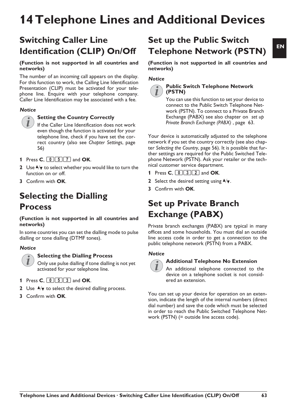 14 telephone lines and additional devices, Switching caller line identification (clip) on/off, Selecting the dialling process | Set up the public switch telephone network (pstn), Set up private branch exchange (pabx) | Philips SFF 6135D User Manual | Page 63 / 88