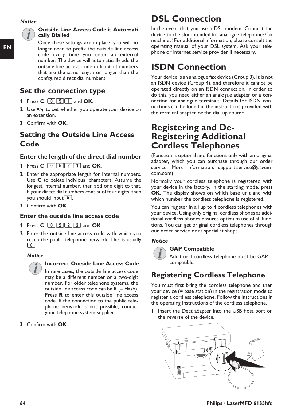 Dsl connection, Isdn connection, Set the connection type | Setting the outside line access code, Registering cordless telephone, Enter the length of the direct dial number, Enter the outside line access code | Philips SFF 6135D User Manual | Page 64 / 88