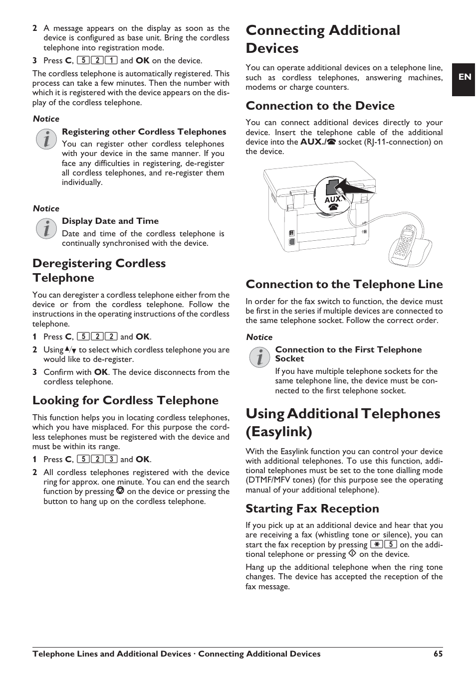 Connecting additional devices, Using additional telephones (easylink), Deregistering cordless telephone | Looking for cordless telephone, Connection to the device, Connection to the telephone line, Starting fax reception | Philips SFF 6135D User Manual | Page 65 / 88