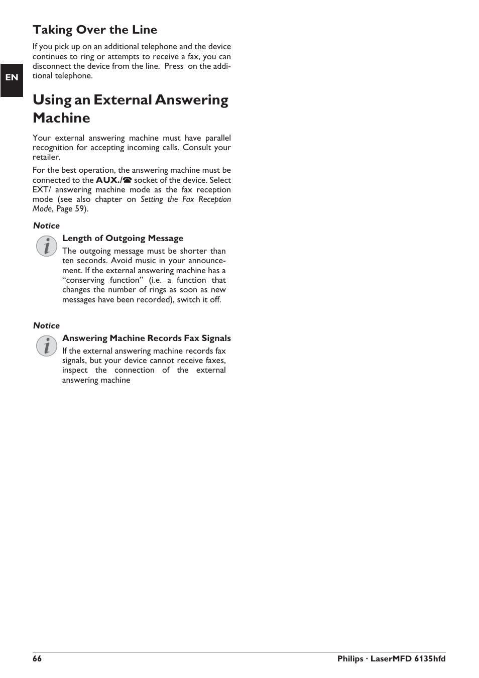 Using an external answering machine, Taking over the line | Philips SFF 6135D User Manual | Page 66 / 88