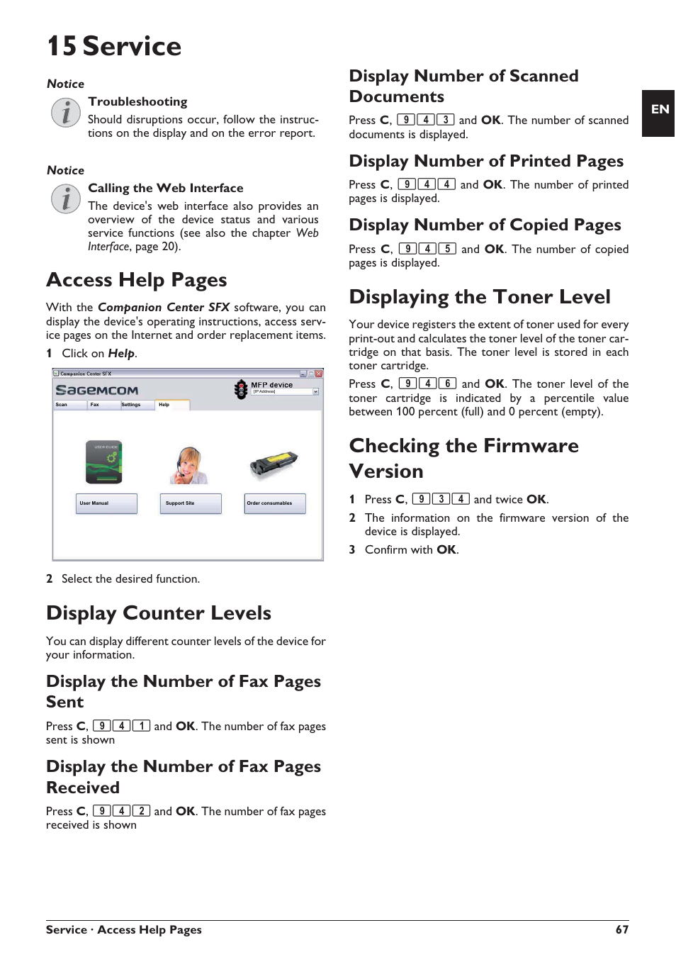 15 service, Access help pages, Display counter levels | Displaying the toner level, Checking the firmware version, Display the number of fax pages sent, Display the number of fax pages received, Display number of scanned documents, Display number of printed pages, Display number of copied pages | Philips SFF 6135D User Manual | Page 67 / 88