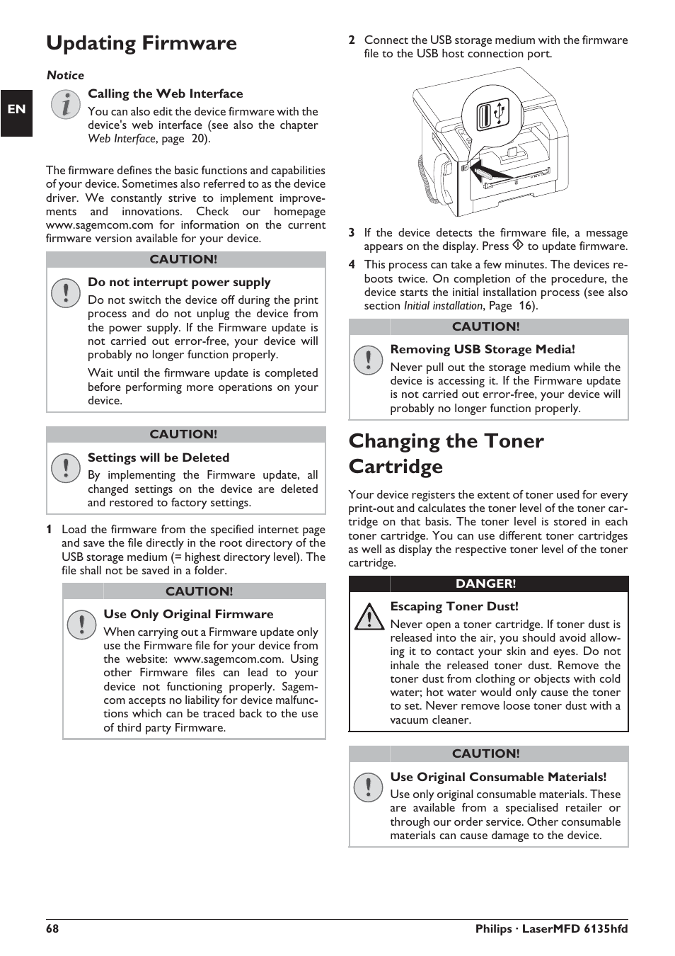 Updating firmware, Changing the toner cartridge | Philips SFF 6135D User Manual | Page 68 / 88