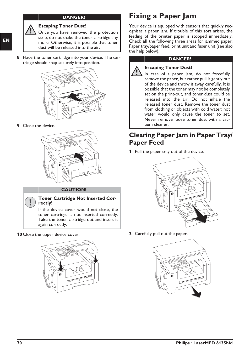 Fixing a paper jam, Clearing paper jam in paper tray/ paper feed | Philips SFF 6135D User Manual | Page 70 / 88