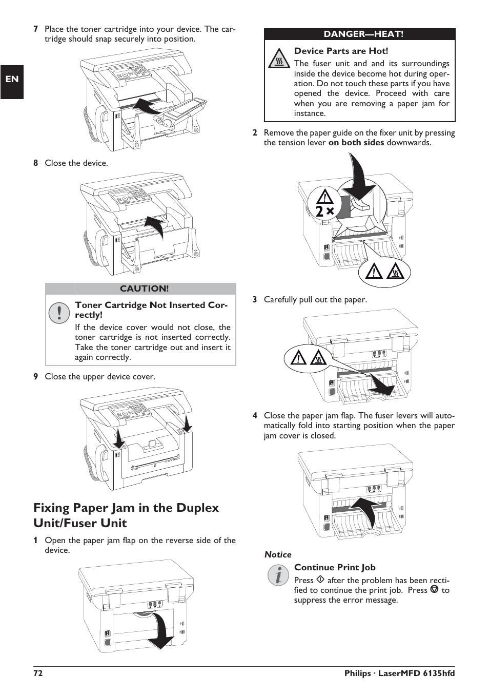 Fixing paper jam in the duplex unit/fuser unit | Philips SFF 6135D User Manual | Page 72 / 88