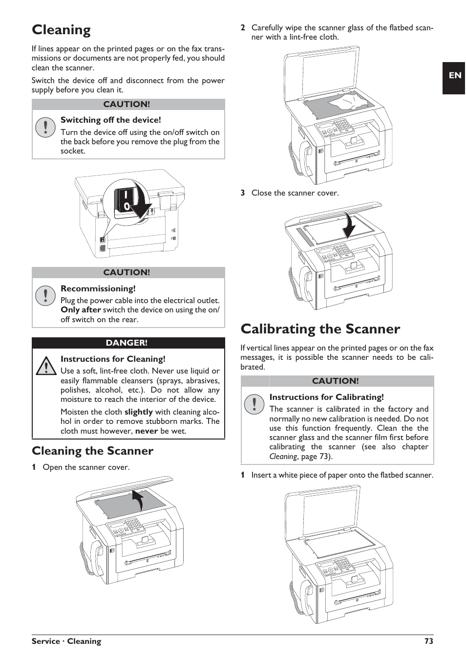 Cleaning, Calibrating the scanner, Cleaning the scanner | Philips SFF 6135D User Manual | Page 73 / 88