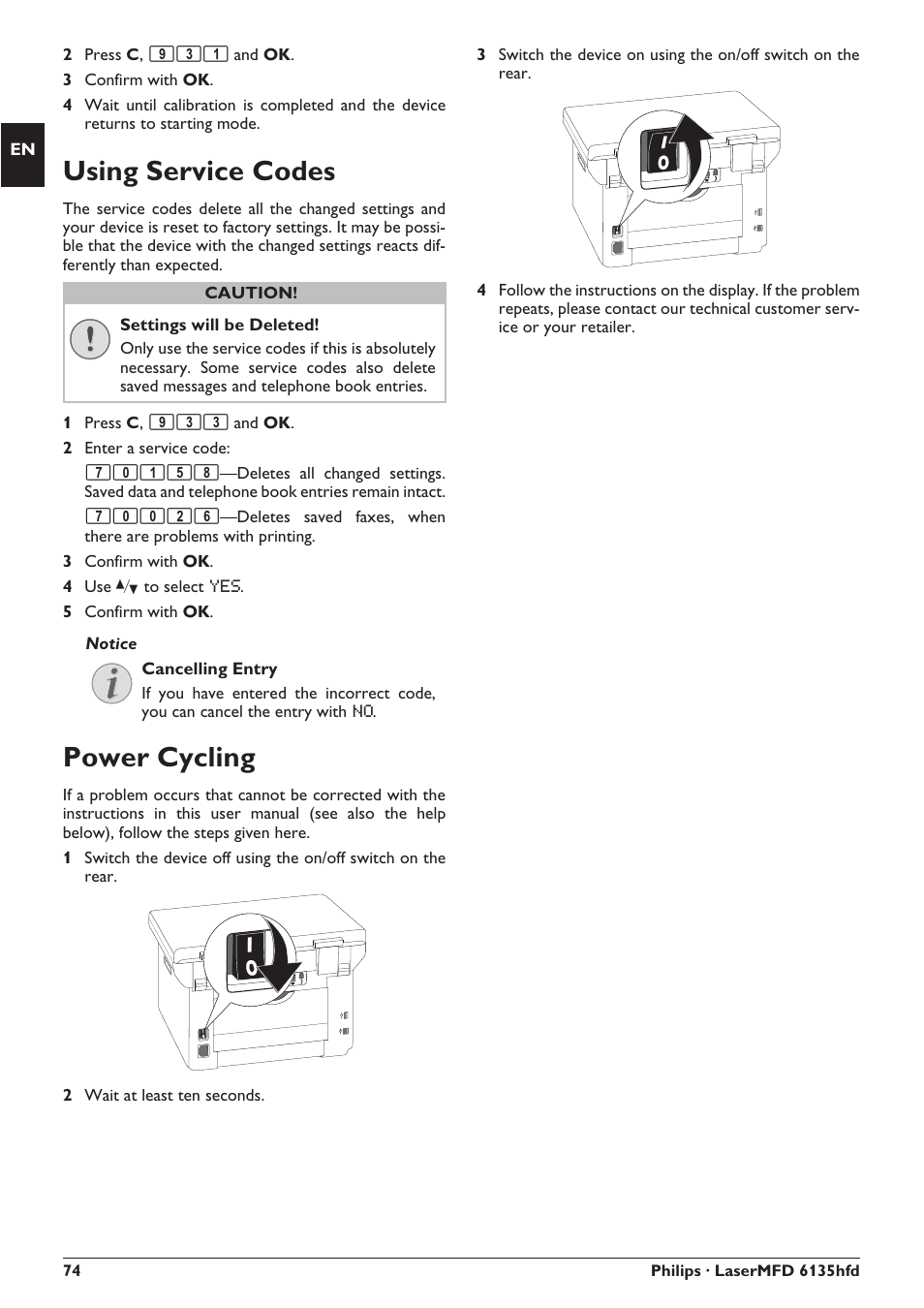 Using service codes, Power cycling | Philips SFF 6135D User Manual | Page 74 / 88