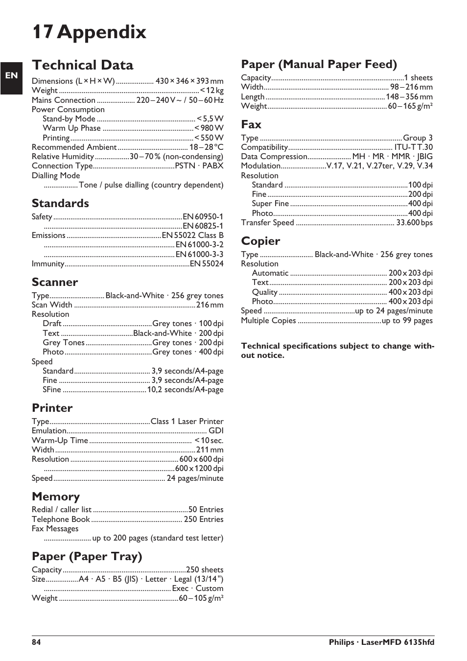 17 appendix, Technical data, Standards | Scanner, Printer, Paper (paper tray), Paper (manual paper feed), Copier, Power consumption, Recommended ambient ¦–¦28¦ºc | Philips SFF 6135D User Manual | Page 84 / 88