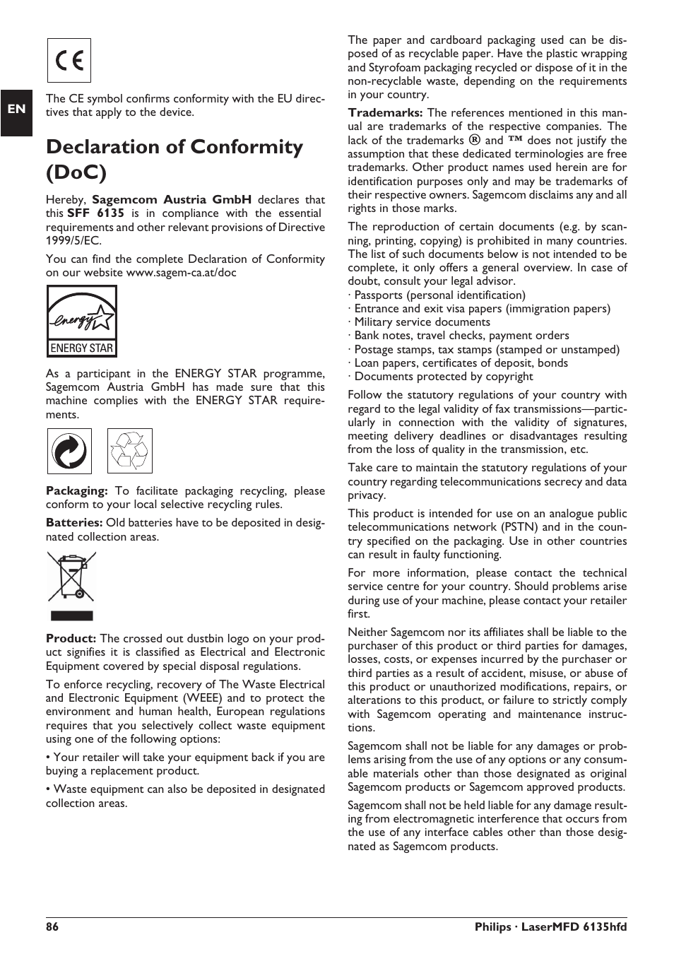 Declaration of conformity (doc) | Philips SFF 6135D User Manual | Page 86 / 88