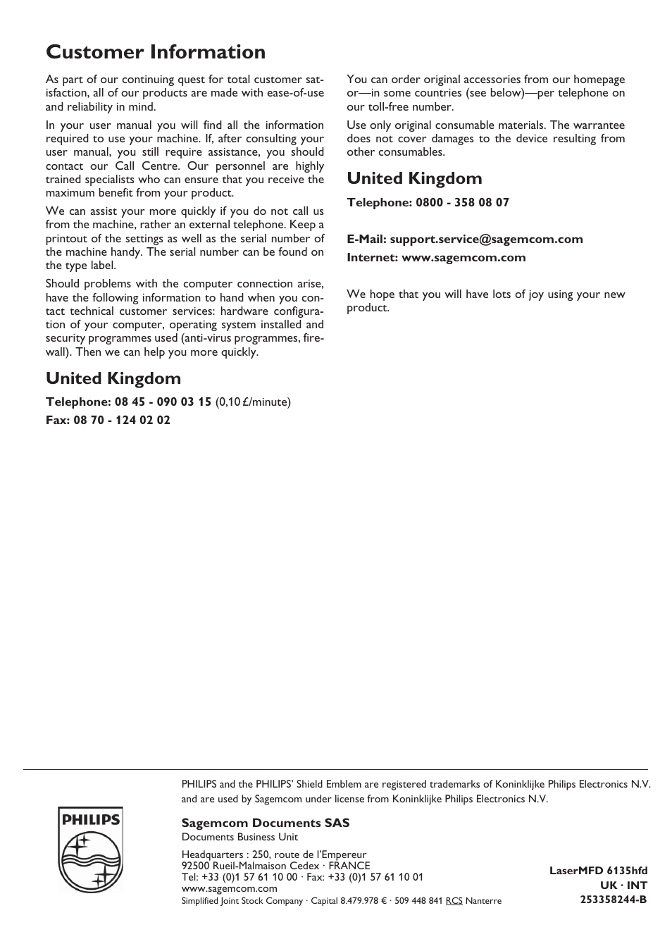 Customer information, United kingdom, Sagemcom documents sas | Philips SFF 6135D User Manual | Page 88 / 88