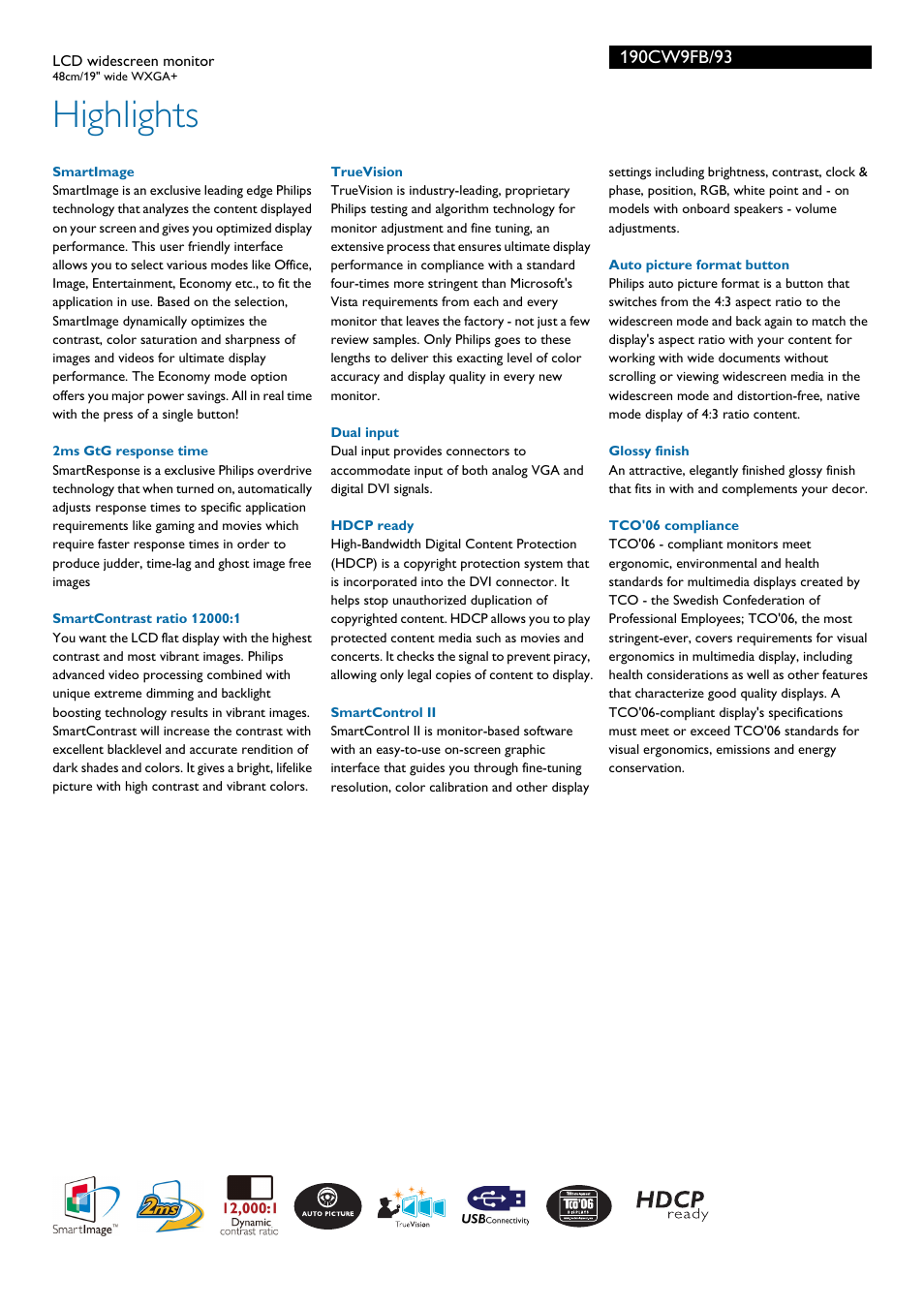 Highlights | Philips WXGA+ 190CW9FB/93LCD User Manual | Page 2 / 3