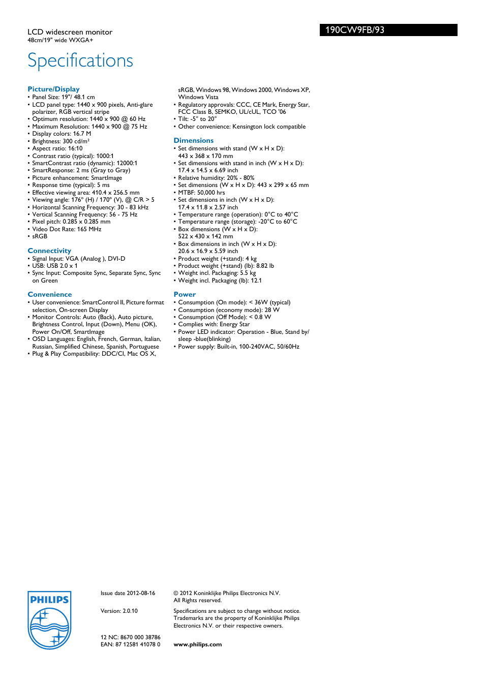 Specifications | Philips WXGA+ 190CW9FB/93LCD User Manual | Page 3 / 3