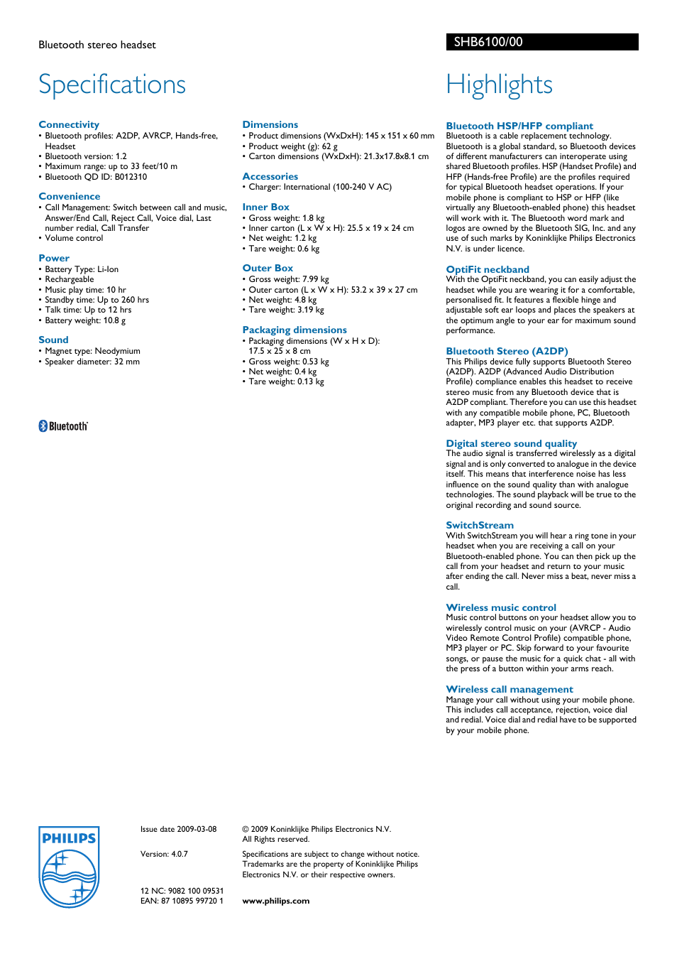 Specifications, Highlights | Philips SHB6100 User Manual | Page 2 / 2