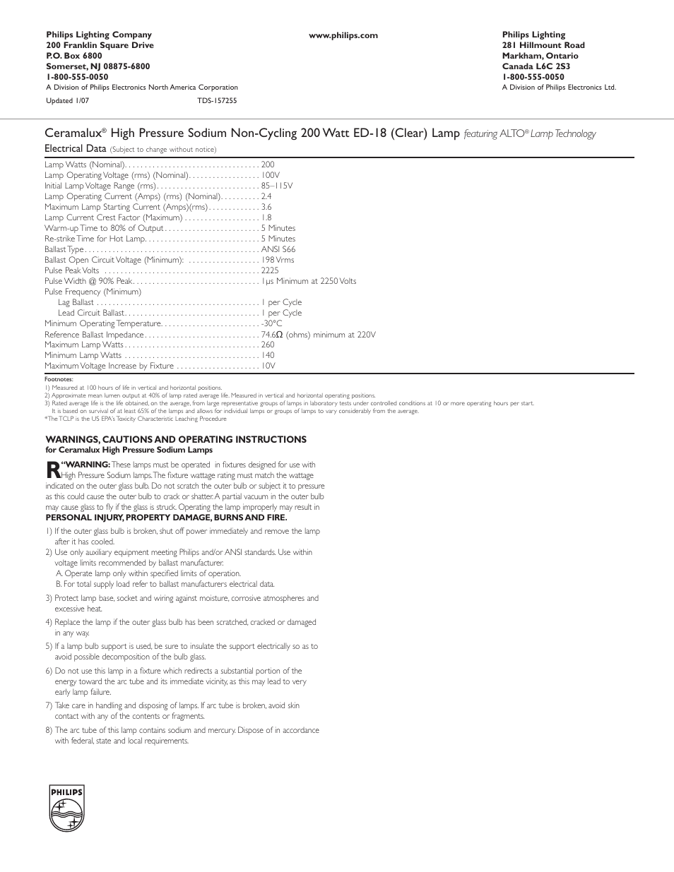 Ceramalux | Philips 157255 User Manual | Page 2 / 2