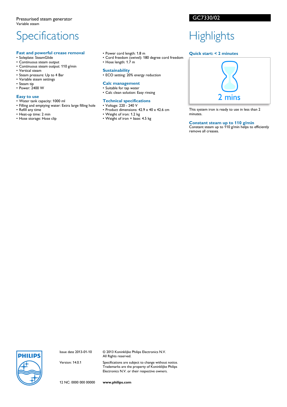 Specifications, Highlights | Philips GC7330 User Manual | Page 2 / 2