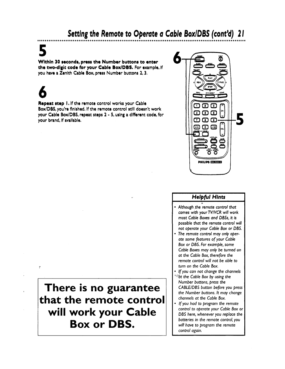 Remote to, Setting the, Operate a cable boxidbs (contv) 21 | Philips CCZ194AT User Manual | Page 21 / 60