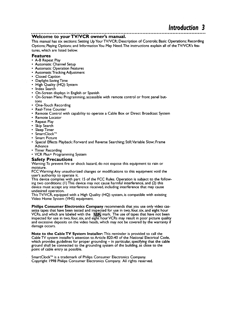 Welcome to yourtv/vcr owner’s manual, Features, Safety precautions | Introduction 3, Ivhsi, Philips consumer electronics company | Philips CCZ194AT User Manual | Page 3 / 60