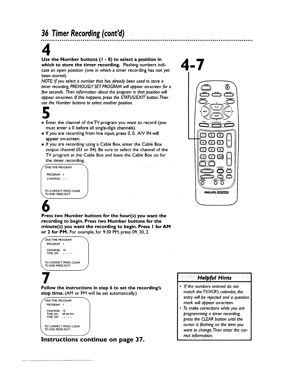 Timer recording (confd), Instructions continue on page 37 | Philips CCZ194AT User Manual | Page 36 / 60