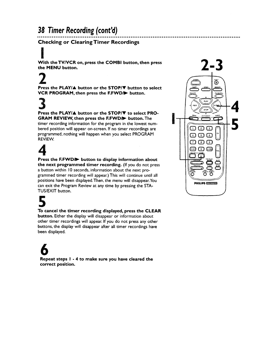 Checking or clearing timer recordings | Philips CCZ194AT User Manual | Page 38 / 60