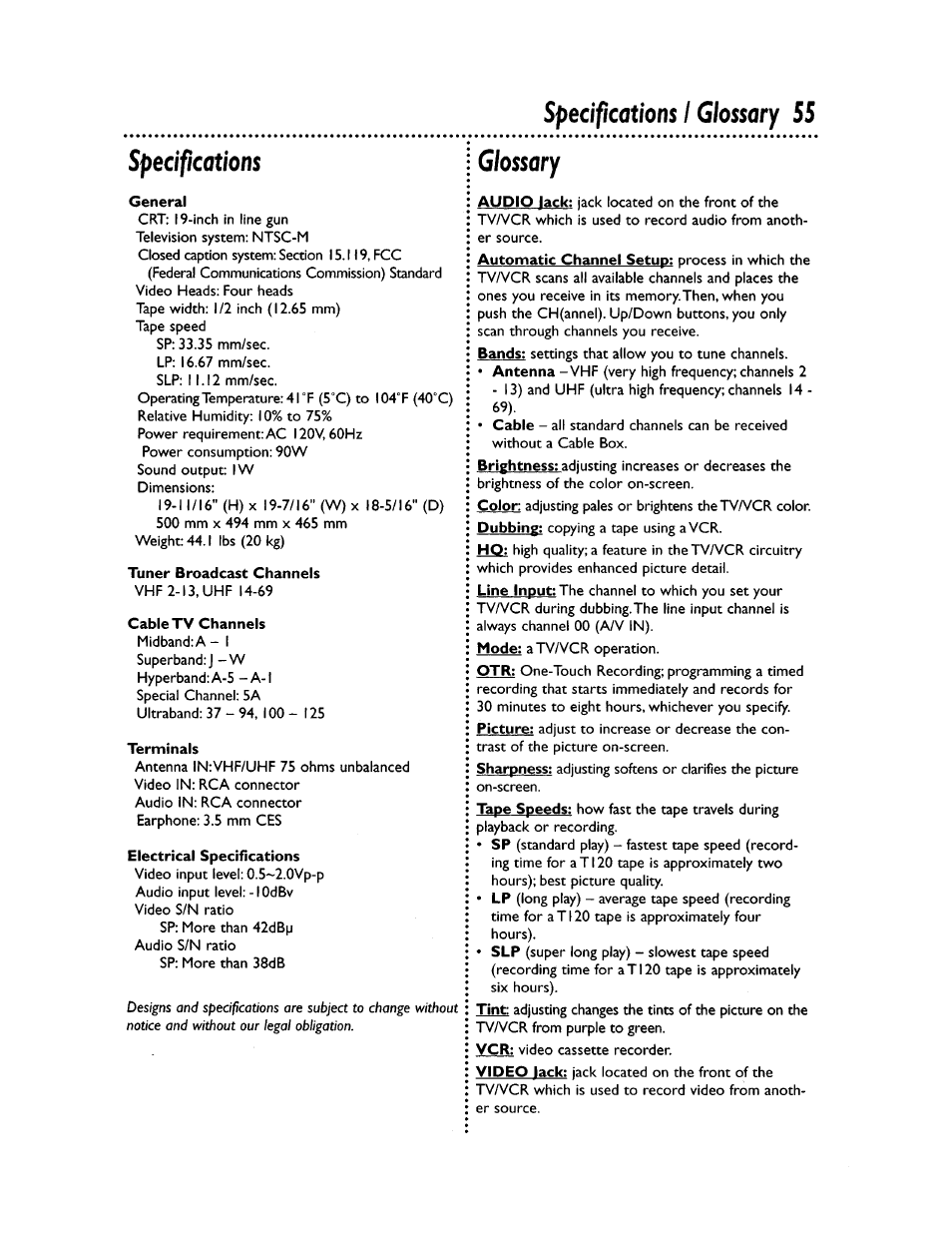 Specifications i glossary 55 specifications, Glossary, General | Tuner broadcast channels, Cable tv channels, Terminals, Electrical specifications, Audio lack, Automatic channel setup, Bands | Philips CCZ194AT User Manual | Page 55 / 60