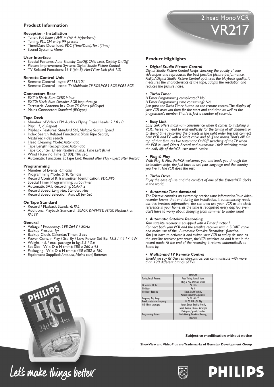 Vr217, 2 head mono vcr, Product highlights | Product information | Philips VR217 User Manual | Page 2 / 2